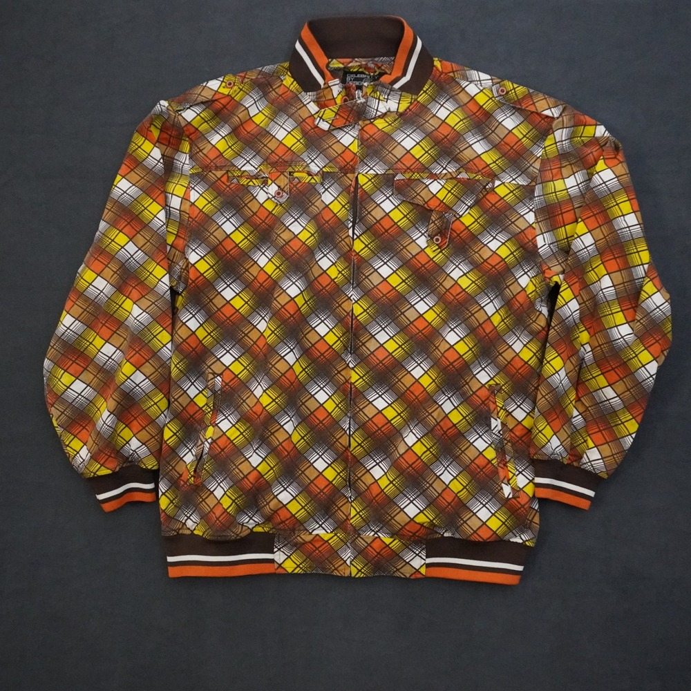 Celebrity By Design Mens XL Plaid Bomber Jacket Orange Yellow Full Zip Retro